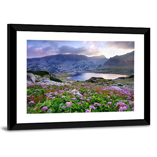 Retezat National Park With Lake On Mountain And Flowers Romania Canvas Wall Art-3 Horizontal-Gallery Wrap-25" x 16"-Tiaracle