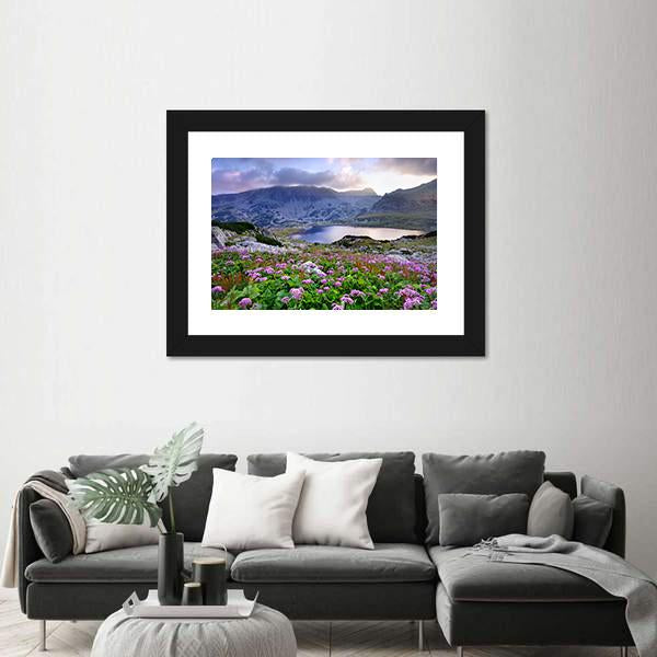 Retezat National Park With Lake On Mountain And Flowers Romania Canvas Wall Art-3 Horizontal-Gallery Wrap-25" x 16"-Tiaracle