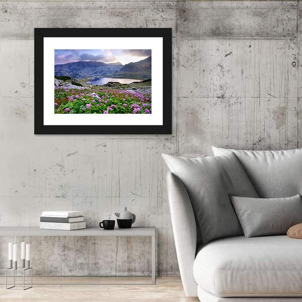 Retezat National Park With Lake On Mountain And Flowers Romania Canvas Wall Art-3 Horizontal-Gallery Wrap-25" x 16"-Tiaracle