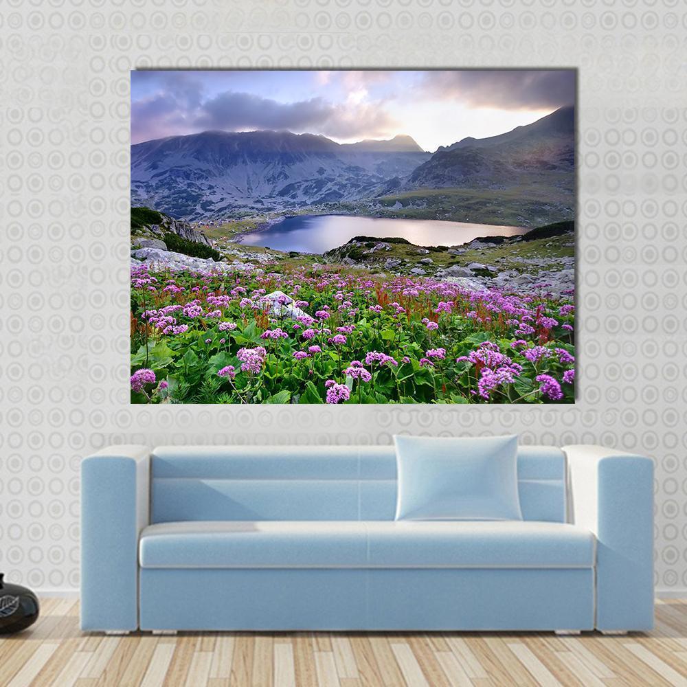 Retezat National Park With Lake On Mountain And Flowers Romania Canvas Wall Art-1 Piece-Gallery Wrap-48" x 32"-Tiaracle