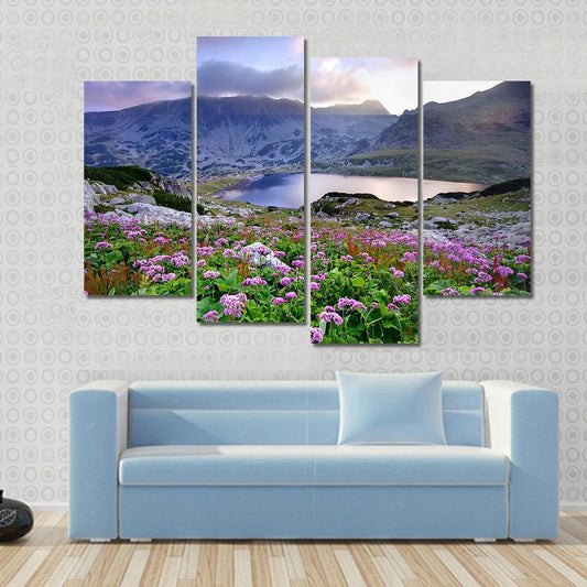 Retezat National Park With Lake On Mountain And Flowers Romania Canvas Wall Art-4 Pop-Gallery Wrap-50" x 32"-Tiaracle