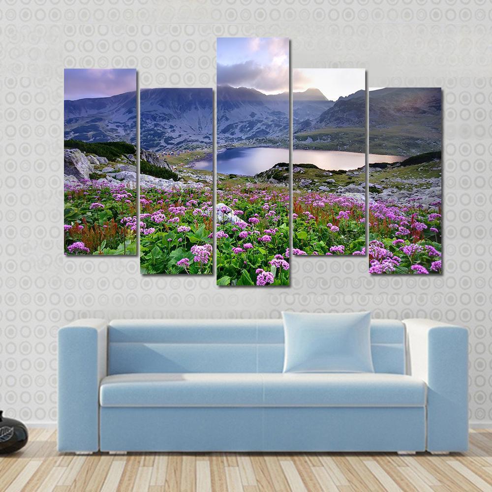 Retezat National Park With Lake On Mountain And Flowers Romania Canvas Wall Art-5 Pop-Gallery Wrap-47" x 32"-Tiaracle