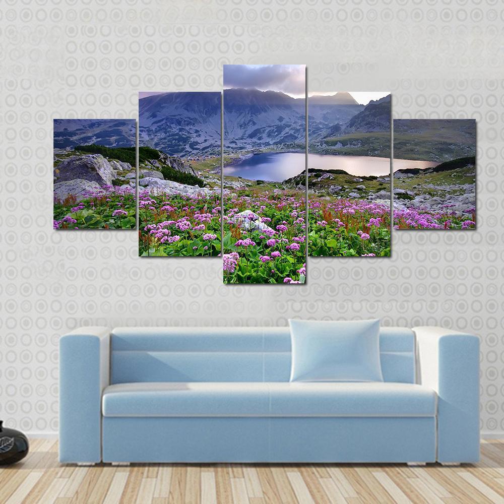 Retezat National Park With Lake On Mountain And Flowers Romania Canvas Wall Art-5 Star-Gallery Wrap-62" x 32"-Tiaracle