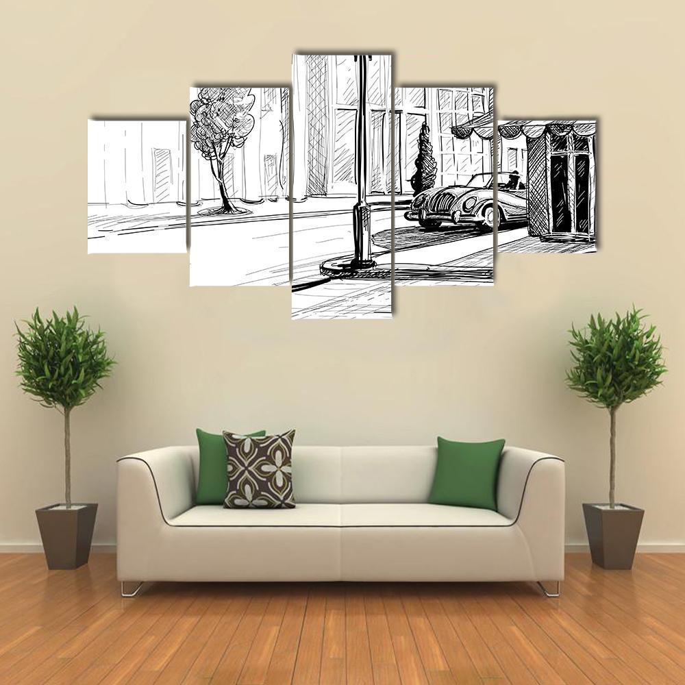 Retro City Sketch Canvas Wall Art-5 Star-Gallery Wrap-62" x 32"-Tiaracle