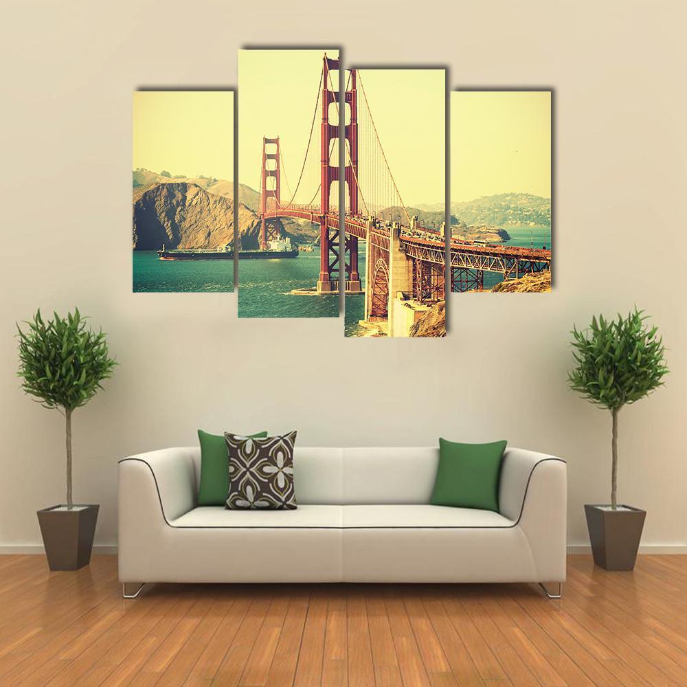 Retro Style Golden Gate Bridge Canvas Wall Art-4 Pop-Gallery Wrap-50" x 32"-Tiaracle