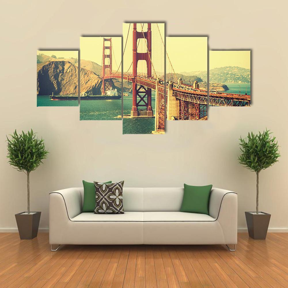 Retro Style Golden Gate Bridge Canvas Wall Art-5 Star-Gallery Wrap-62" x 32"-Tiaracle