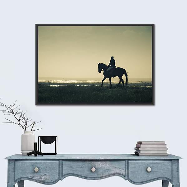 Rider Silhouette On Horseback Canvas Wall Art-1 Piece-Floating Frame-24" x 16"-Tiaracle