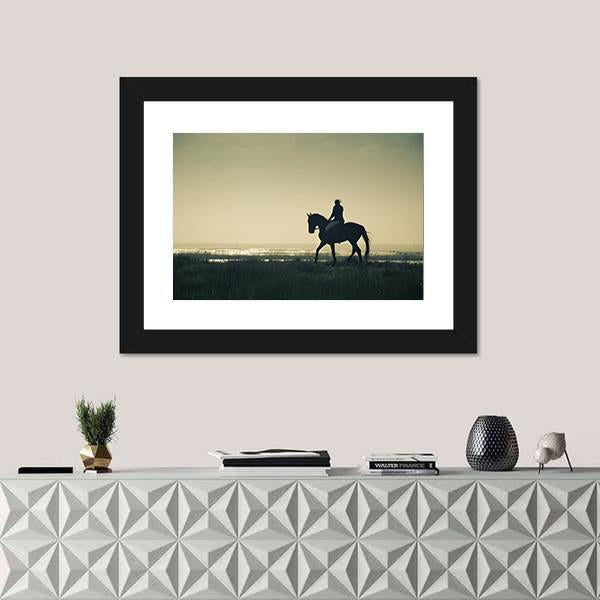 Rider Silhouette On Horseback Canvas Wall Art-1 Piece-Framed Print-20" x 16"-Tiaracle