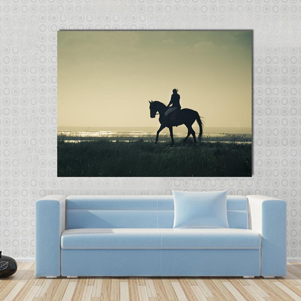 Rider Silhouette On Horseback Canvas Wall Art-1 Piece-Gallery Wrap-48" x 32"-Tiaracle