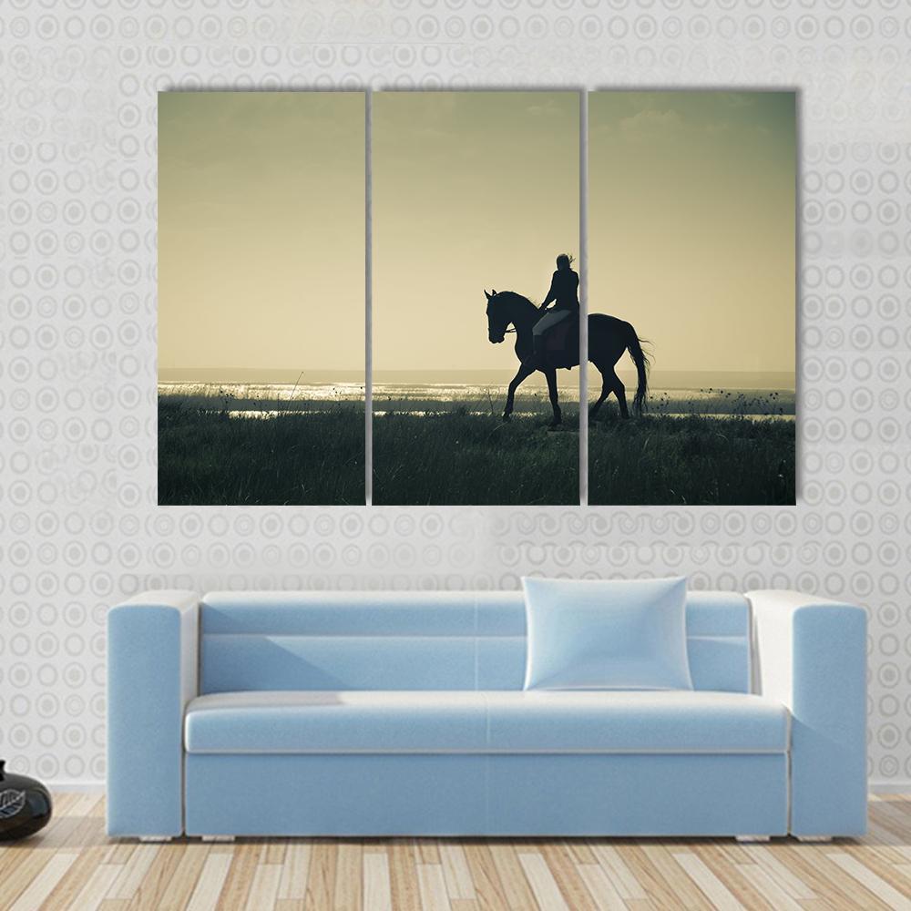 Rider Silhouette On Horseback Canvas Wall Art-3 Horizontal-Gallery Wrap-37" x 24"-Tiaracle