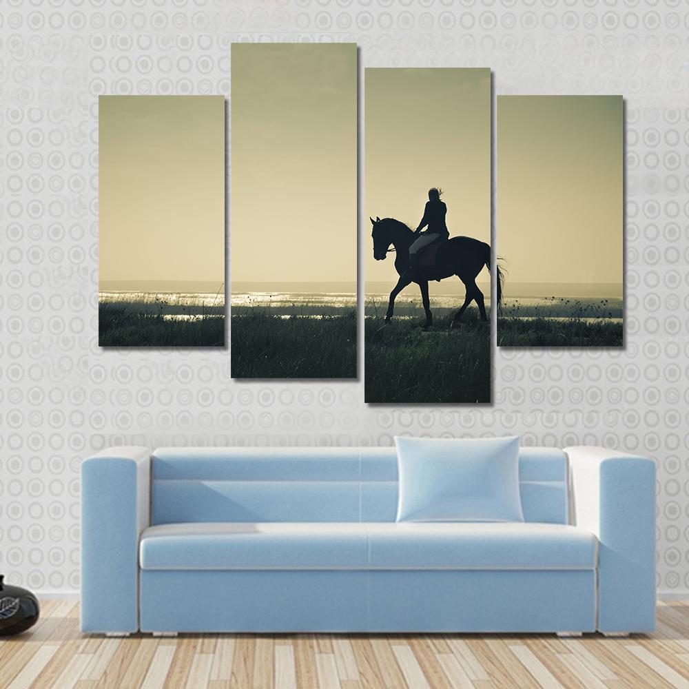 Rider Silhouette On Horseback Canvas Wall Art-4 Pop-Gallery Wrap-50" x 32"-Tiaracle