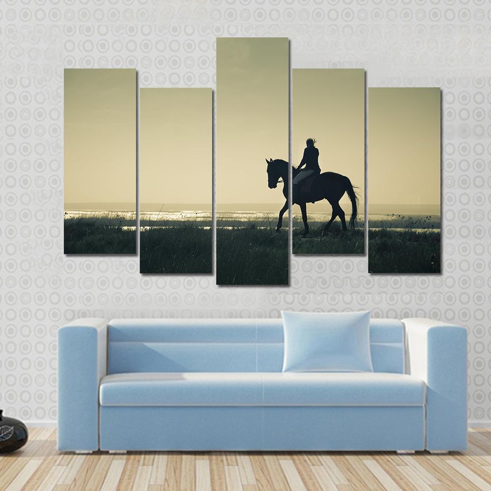 Rider Silhouette On Horseback Canvas Wall Art-5 Pop-Gallery Wrap-47" x 32"-Tiaracle