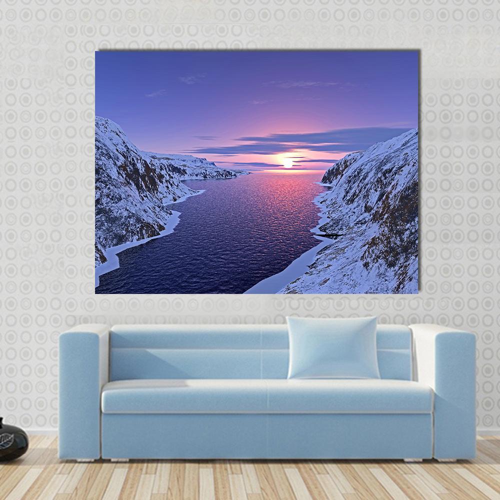 River Among Snow Bound Mountains On Sunset Canvas Wall Art-1 Piece-Gallery Wrap-48" x 32"-Tiaracle