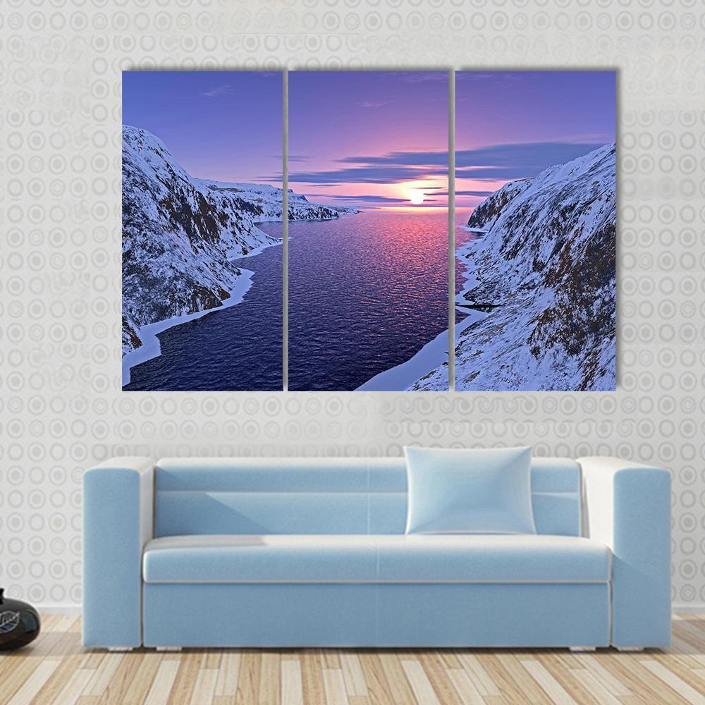 River Among Snow Bound Mountains On Sunset Canvas Wall Art-3 Horizontal-Gallery Wrap-37" x 24"-Tiaracle