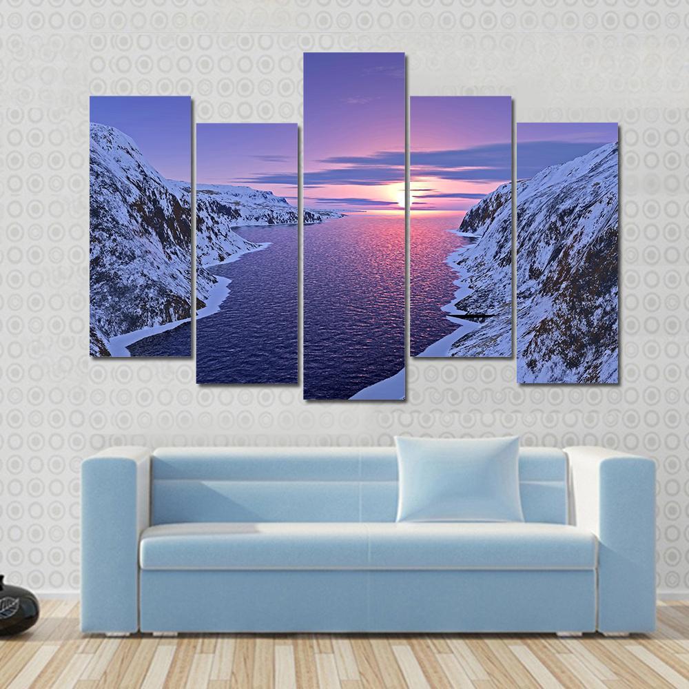 River Among Snow Bound Mountains On Sunset Canvas Wall Art-5 Pop-Gallery Wrap-47" x 32"-Tiaracle