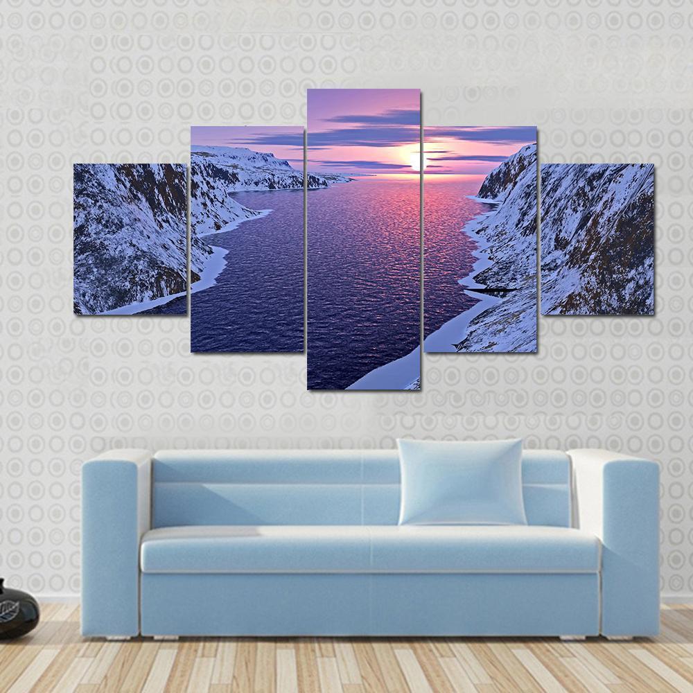 River Among Snow Bound Mountains On Sunset Canvas Wall Art-5 Star-Gallery Wrap-62" x 32"-Tiaracle