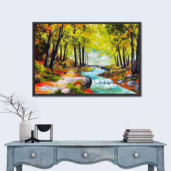 River In Autumn Forest Canvas Wall Art-1 Piece-Floating Frame-24" x 16"-Tiaracle