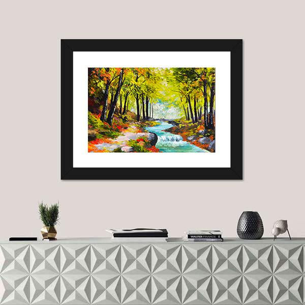 River In Autumn Forest Canvas Wall Art-1 Piece-Framed Print-20" x 16"-Tiaracle