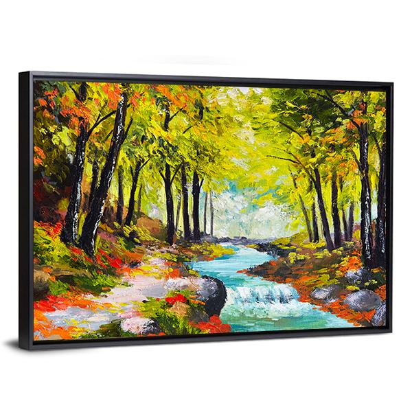 River In Autumn Forest Canvas Wall Art-3 Horizontal-Gallery Wrap-25" x 16"-Tiaracle