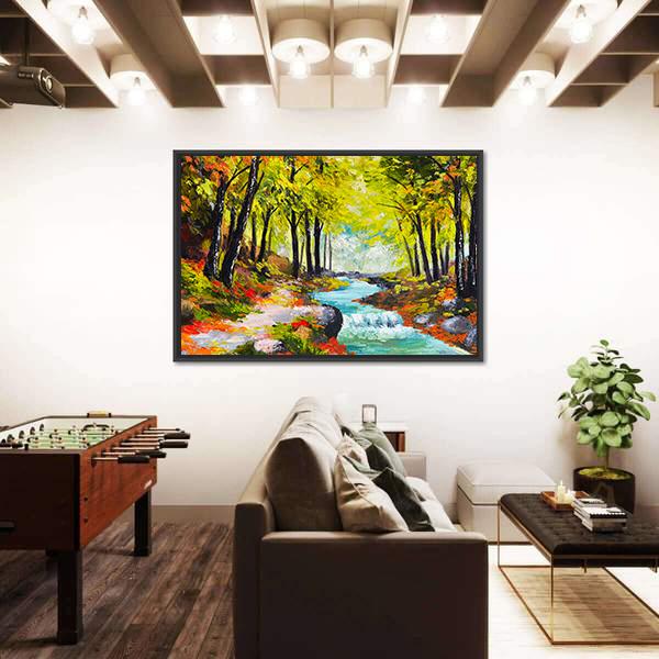 River In Autumn Forest Canvas Wall Art-3 Horizontal-Gallery Wrap-25" x 16"-Tiaracle