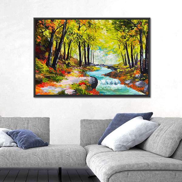 River In Autumn Forest Canvas Wall Art-3 Horizontal-Gallery Wrap-25" x 16"-Tiaracle