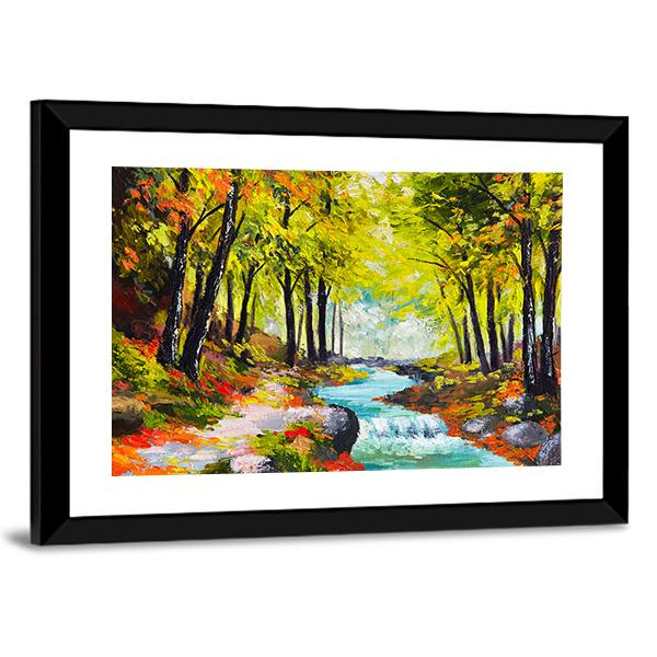 River In Autumn Forest Canvas Wall Art-3 Horizontal-Gallery Wrap-25" x 16"-Tiaracle