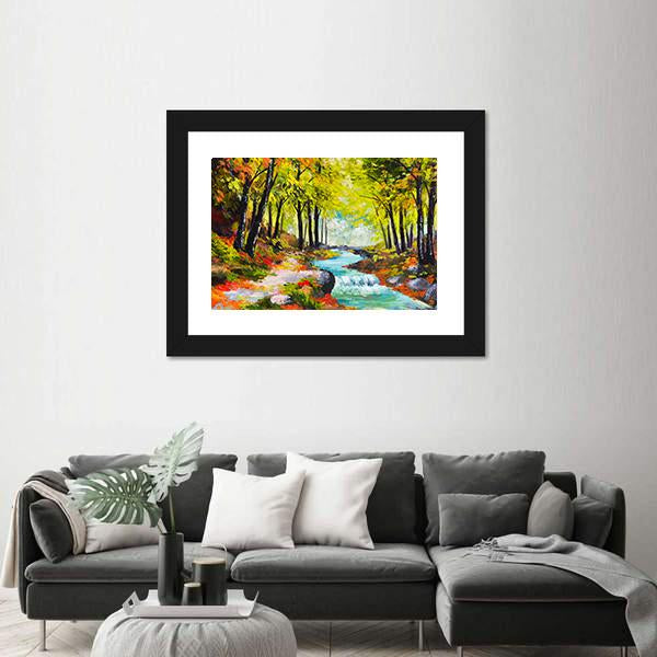 River In Autumn Forest Canvas Wall Art-3 Horizontal-Gallery Wrap-25" x 16"-Tiaracle