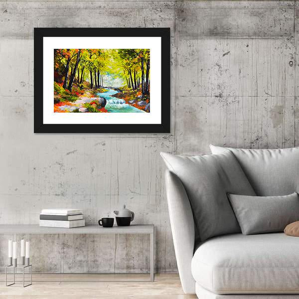 River In Autumn Forest Canvas Wall Art-3 Horizontal-Gallery Wrap-25" x 16"-Tiaracle