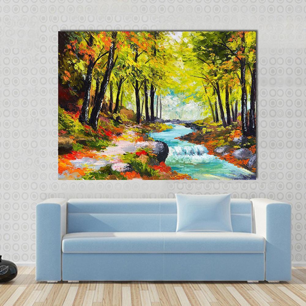 River In Autumn Forest Canvas Wall Art-1 Piece-Gallery Wrap-48" x 32"-Tiaracle