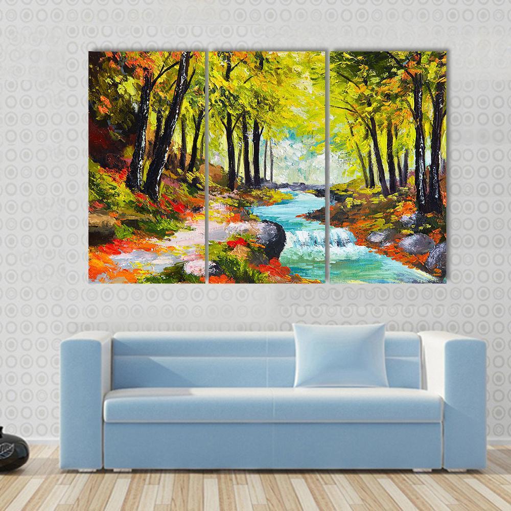 River In Autumn Forest Canvas Wall Art-3 Horizontal-Gallery Wrap-37" x 24"-Tiaracle