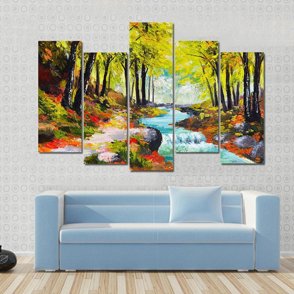 River In Autumn Forest Canvas Wall Art-5 Pop-Gallery Wrap-47" x 32"-Tiaracle