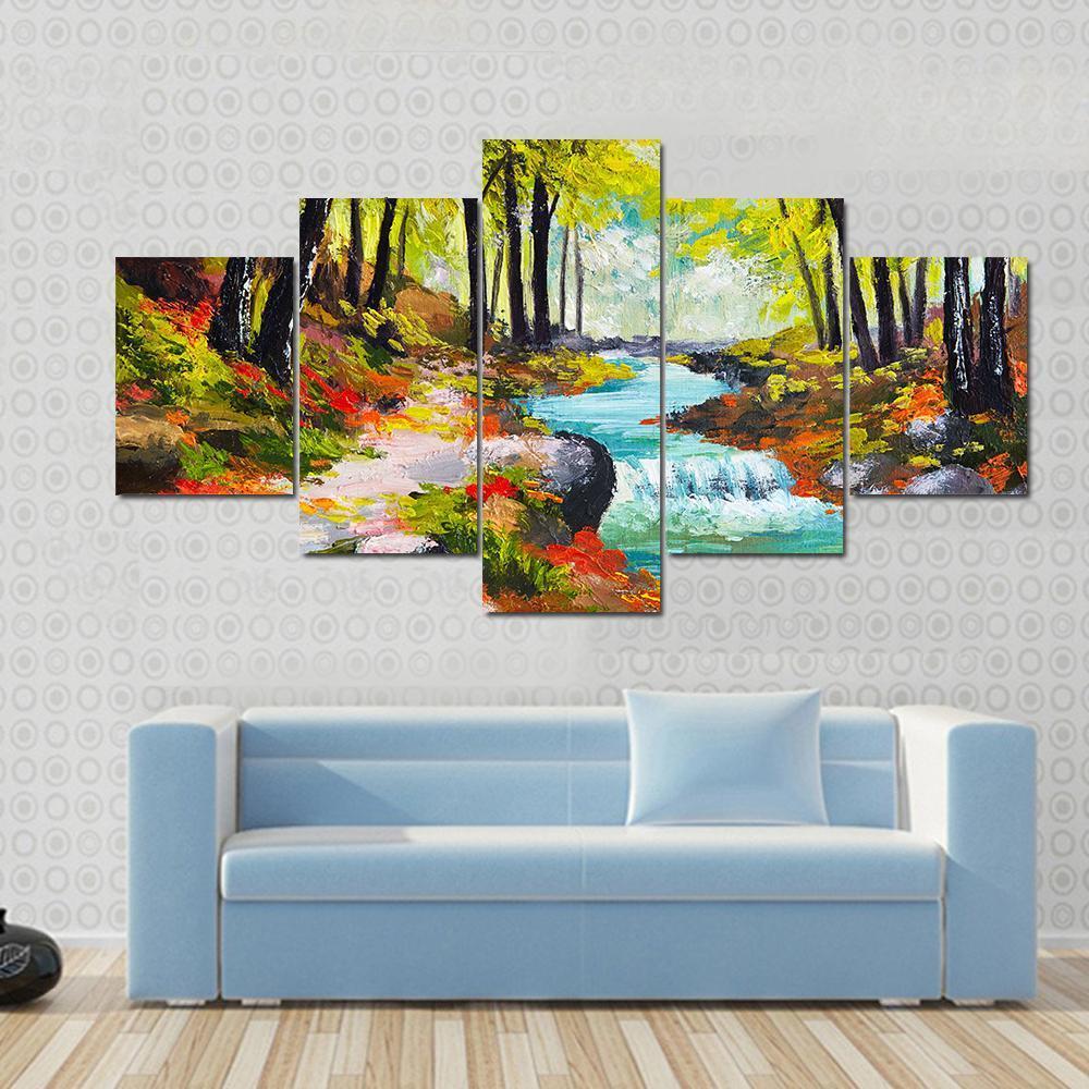 River In Autumn Forest Canvas Wall Art-5 Star-Gallery Wrap-62" x 32"-Tiaracle