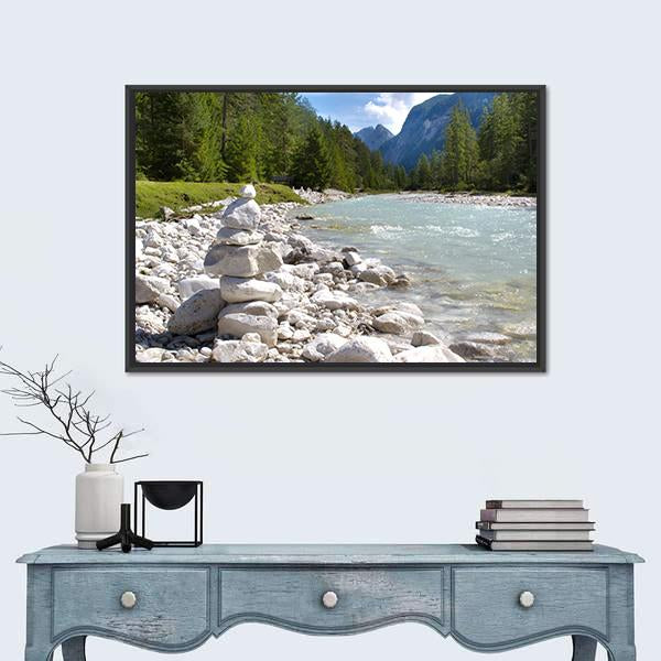 River Isar At Alps Mountains Canvas Wall Art-1 Piece-Floating Frame-24" x 16"-Tiaracle