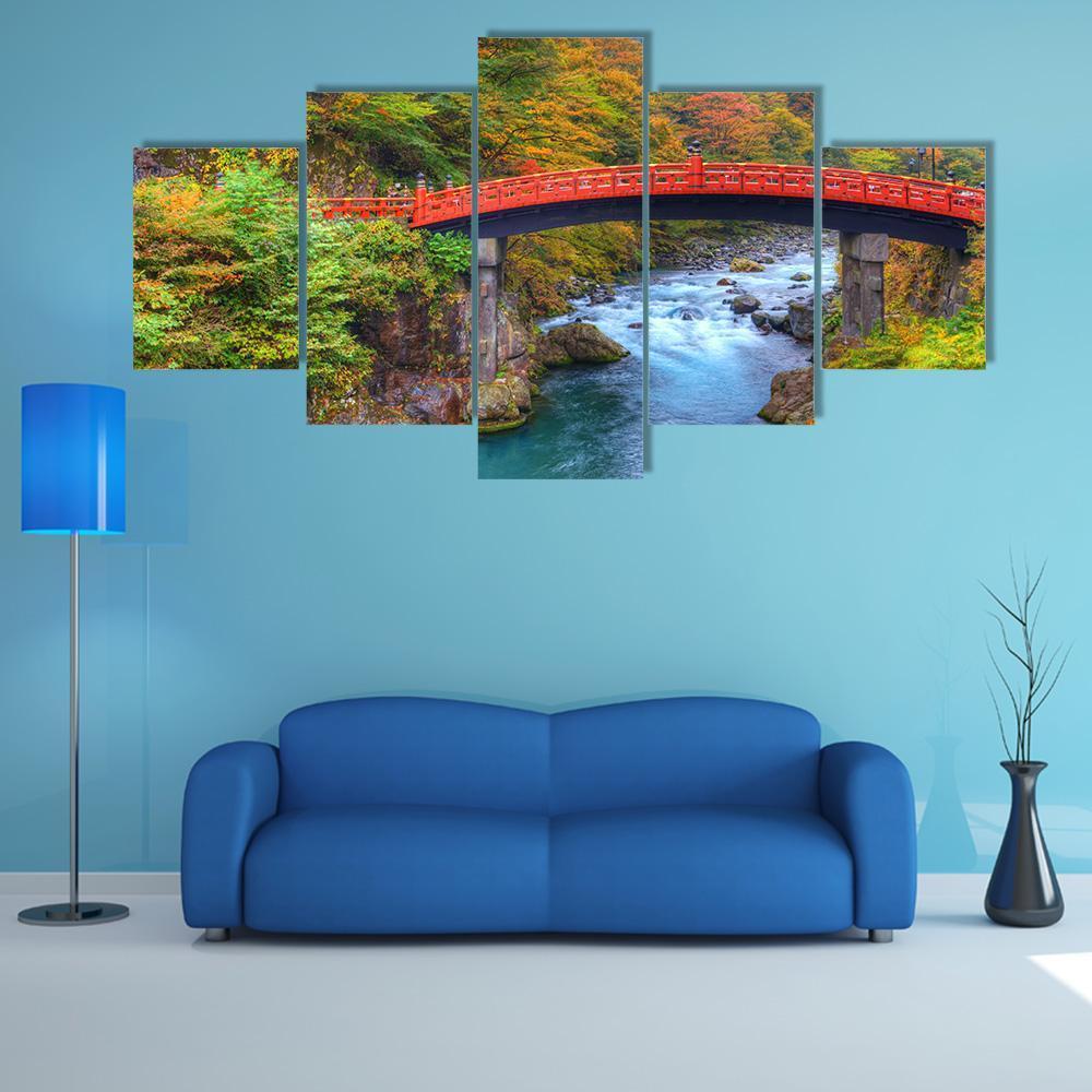 River With Shinkyo Bridge In Nikko Canvas Wall Art-5 Star-Gallery Wrap-62" x 32"-Tiaracle