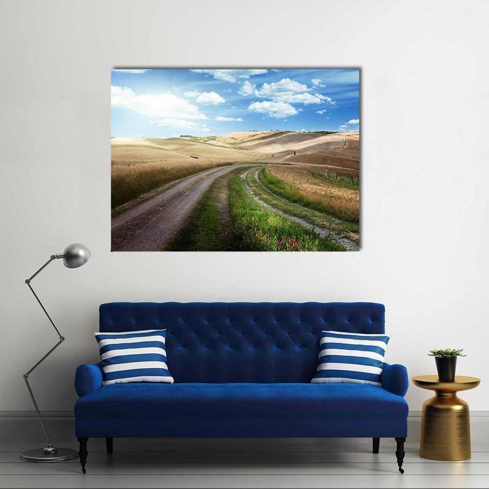 Road Between Fields Of Tuscany Canvas Wall Art-1 Piece-Gallery Wrap-48" x 32"-Tiaracle