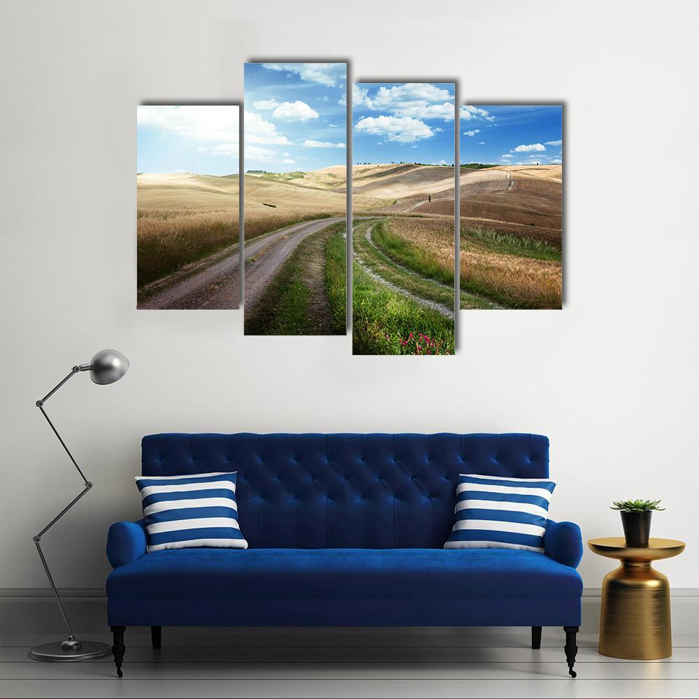 Road Between Fields Of Tuscany Canvas Wall Art-4 Pop-Gallery Wrap-50" x 32"-Tiaracle