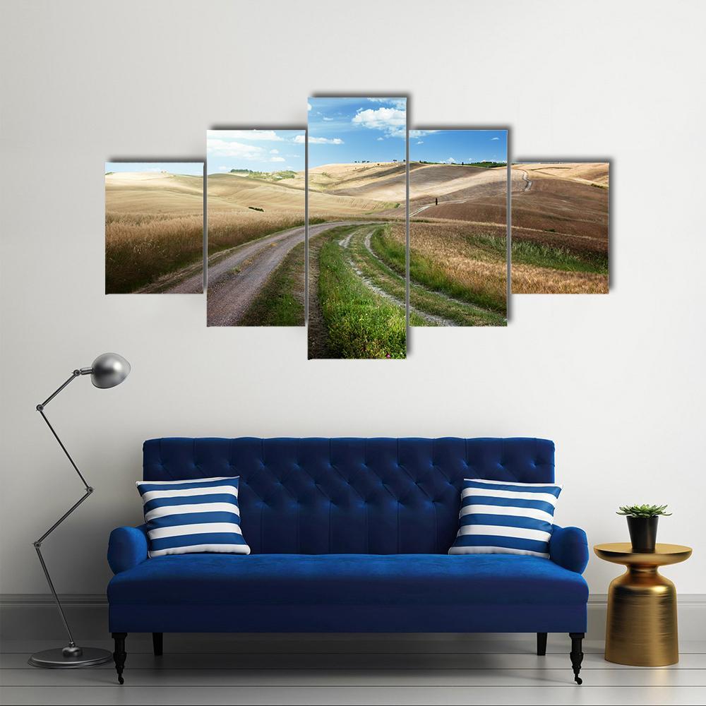 Road Between Fields Of Tuscany Canvas Wall Art-5 Star-Gallery Wrap-62" x 32"-Tiaracle