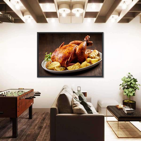 Roasted Chicken And Vegetables On Wooden Table Canvas Wall Art-1 Piece-Floating Frame-24" x 16"-Tiaracle