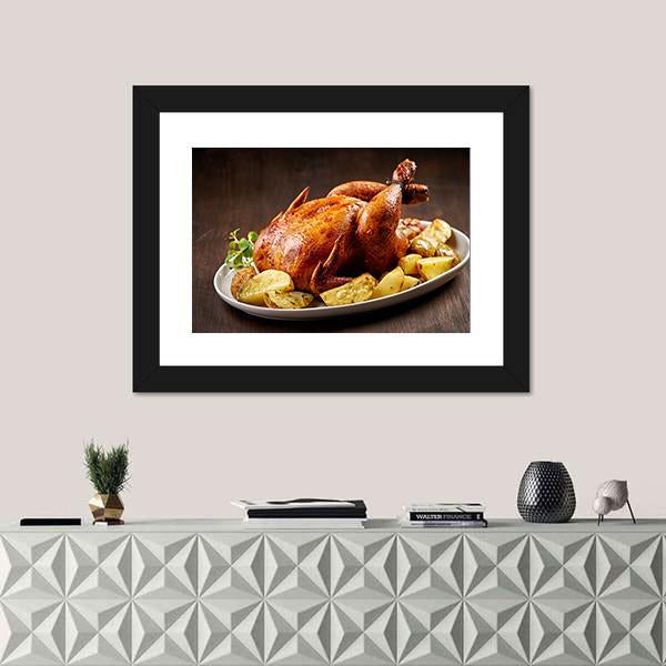 Roasted Chicken And Vegetables On Wooden Table Canvas Wall Art-1 Piece-Framed Print-20" x 16"-Tiaracle