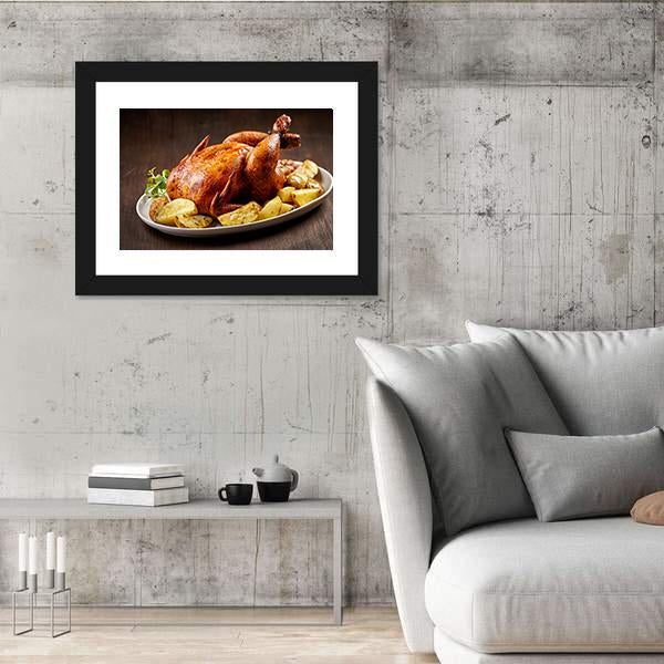 Roasted Chicken And Vegetables On Wooden Table Canvas Wall Art-3 Horizontal-Gallery Wrap-25" x 16"-Tiaracle