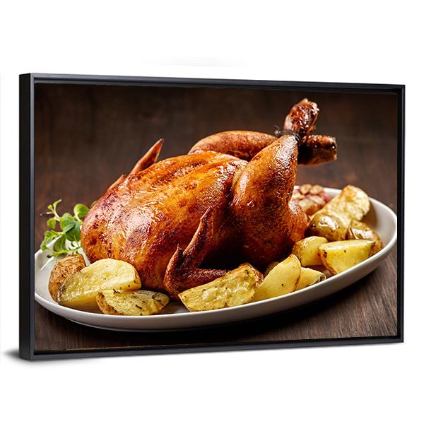 Roasted Chicken And Vegetables On Wooden Table Canvas Wall Art-3 Horizontal-Gallery Wrap-25" x 16"-Tiaracle