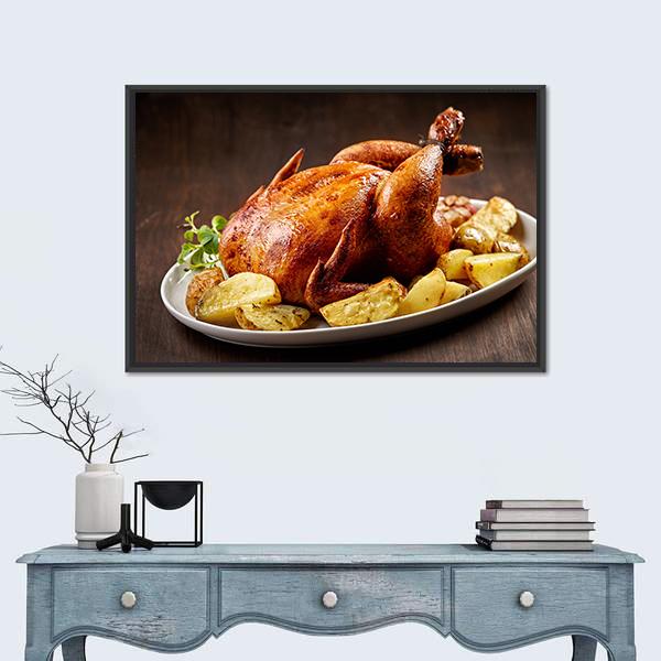 Roasted Chicken And Vegetables On Wooden Table Canvas Wall Art-3 Horizontal-Gallery Wrap-25" x 16"-Tiaracle