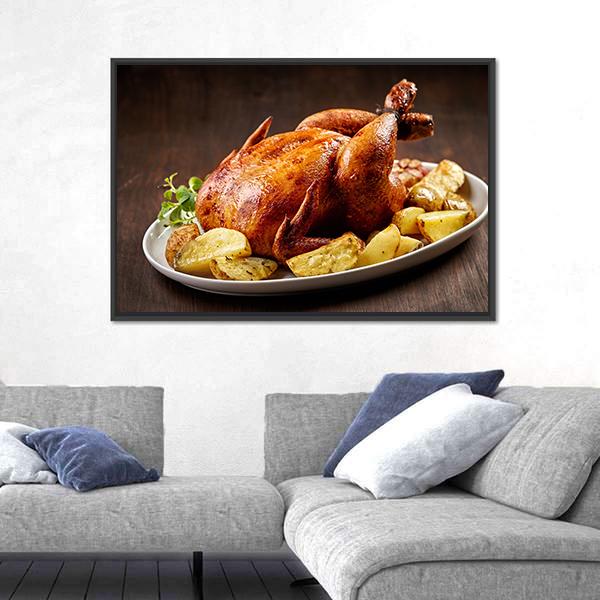 Roasted Chicken And Vegetables On Wooden Table Canvas Wall Art-3 Horizontal-Gallery Wrap-25" x 16"-Tiaracle