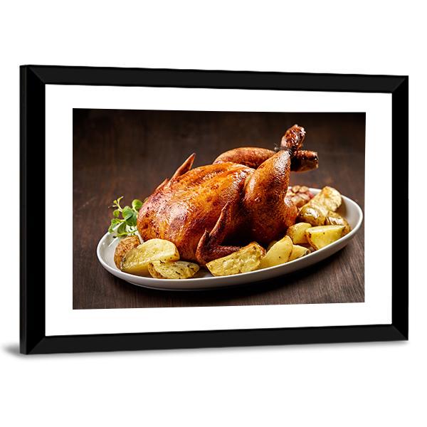 Roasted Chicken And Vegetables On Wooden Table Canvas Wall Art-3 Horizontal-Gallery Wrap-25" x 16"-Tiaracle