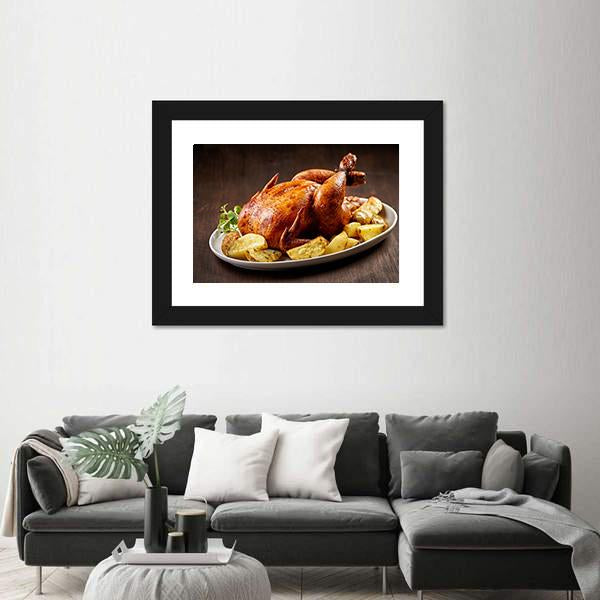 Roasted Chicken And Vegetables On Wooden Table Canvas Wall Art-3 Horizontal-Gallery Wrap-25" x 16"-Tiaracle