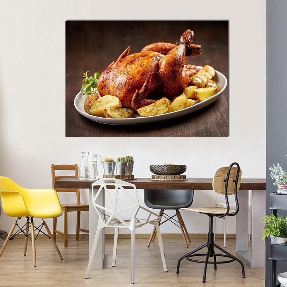 Roasted Chicken And Vegetables On Wooden Table Canvas Wall Art-1 Piece-Gallery Wrap-48" x 32"-Tiaracle