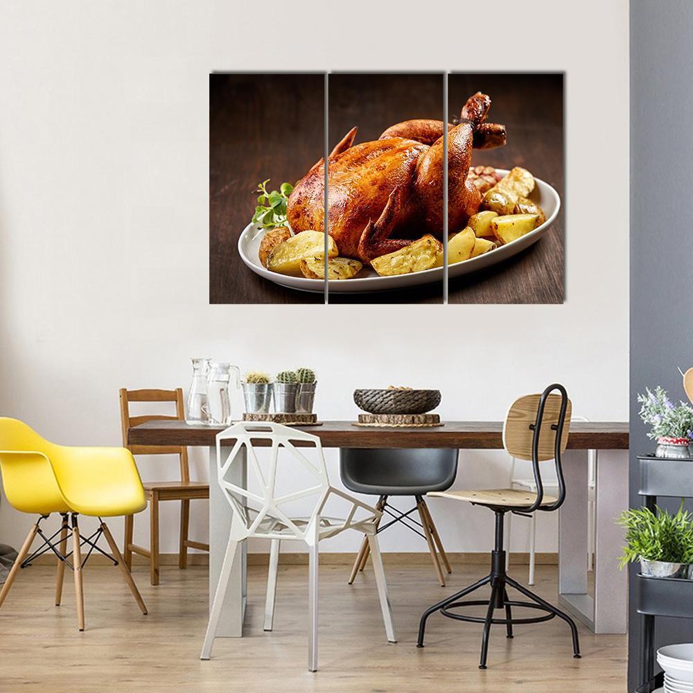 Roasted Chicken And Vegetables On Wooden Table Canvas Wall Art-3 Horizontal-Gallery Wrap-37" x 24"-Tiaracle