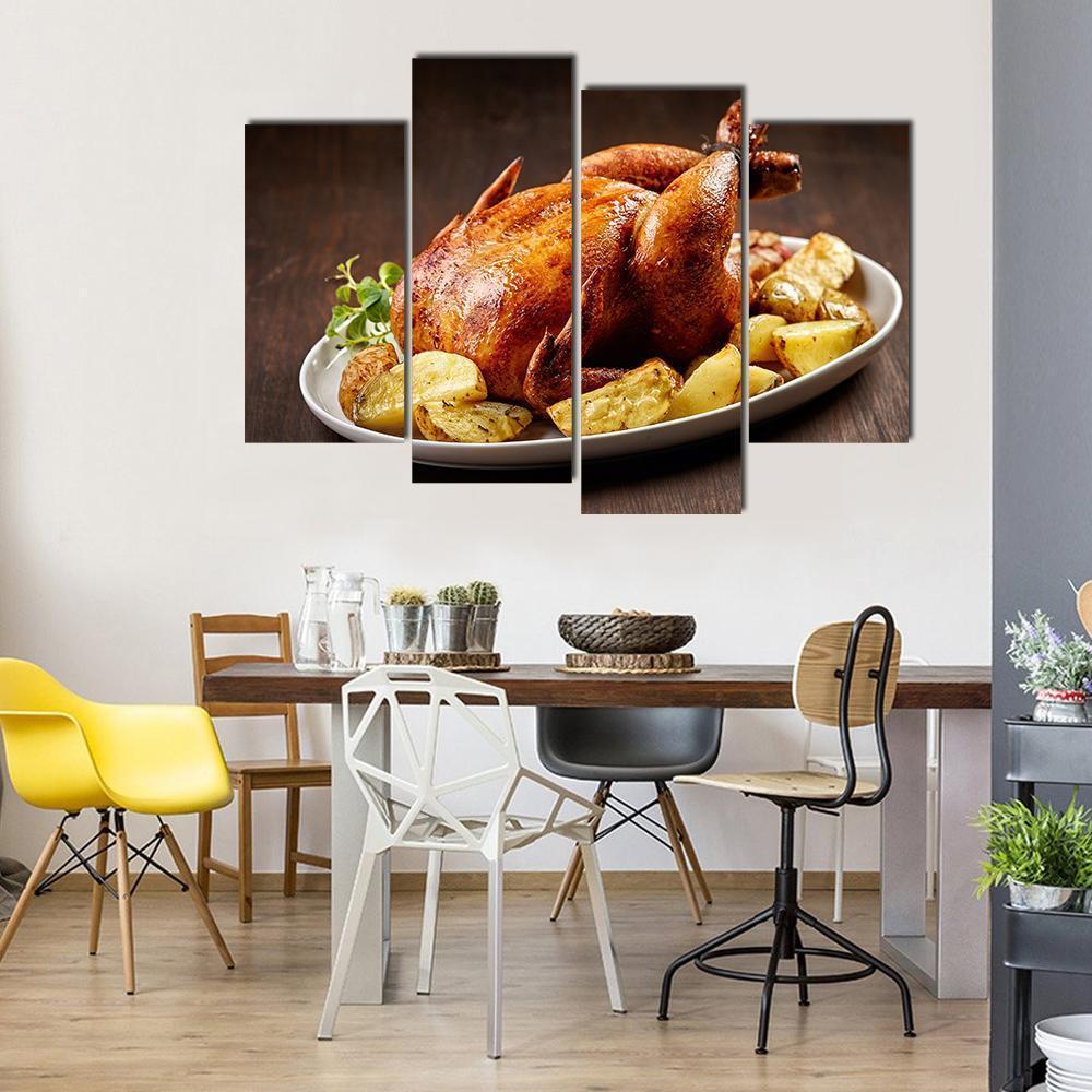 Roasted Chicken And Vegetables On Wooden Table Canvas Wall Art-4 Pop-Gallery Wrap-50" x 32"-Tiaracle