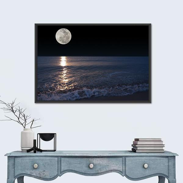 Romantic Tropical Beach With Beautiful Full Moon Canvas Wall Art-1 Piece-Floating Frame-24" x 16"-Tiaracle