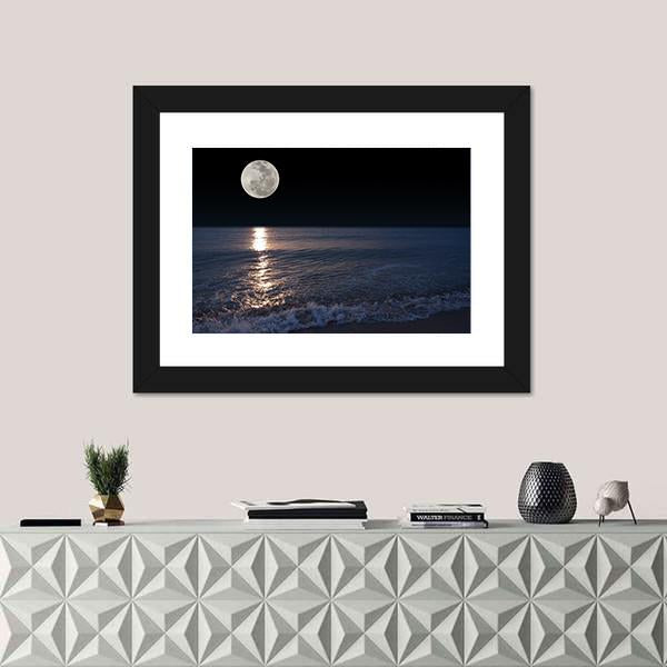 Romantic Tropical Beach With Beautiful Full Moon Canvas Wall Art-1 Piece-Framed Print-20" x 16"-Tiaracle